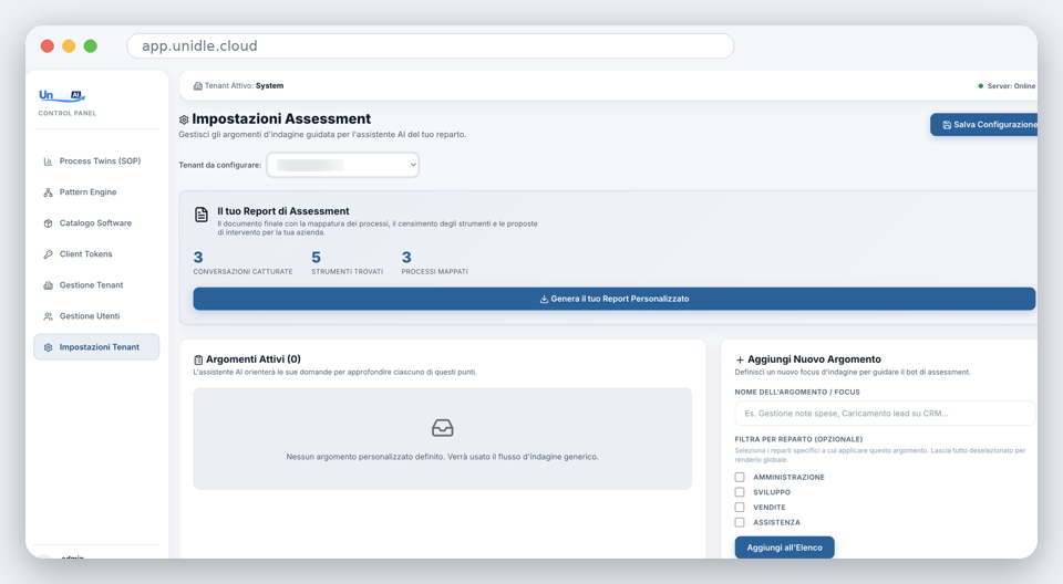 Dashboard di generazione del report di assessment Unidle con conversazioni, strumenti e processi mappati