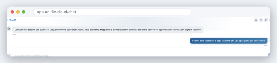 Chat con l'agente AI Unidle durante la sessione di task discovery